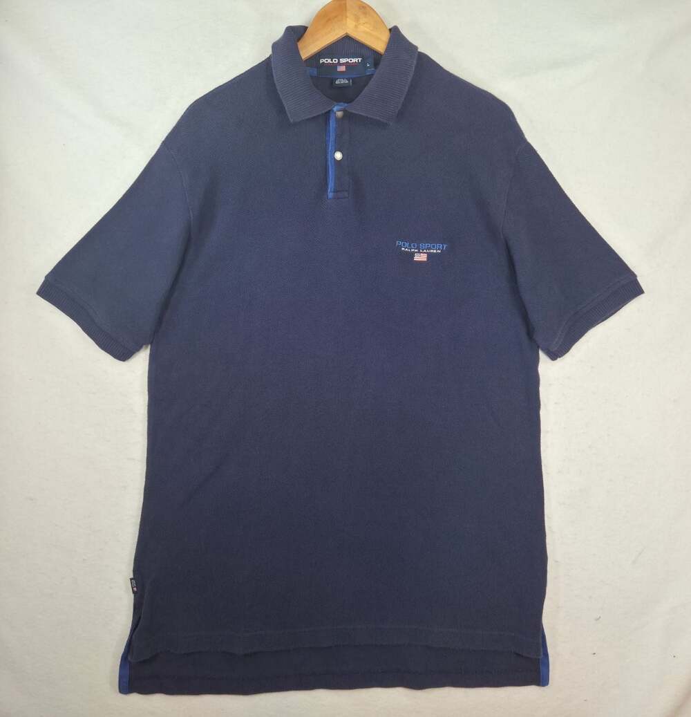 Vintage 90s Polo Sport Ralph Lauren Polo Shirt Mens Large Navy Blue USA Flag